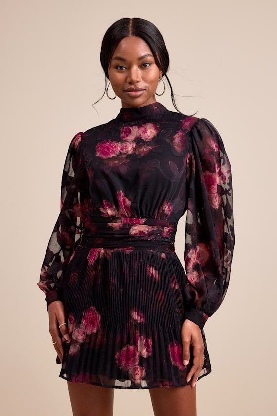 Image of Ayveen Black Floral Burnout Balloon Sleeve Mini Dress