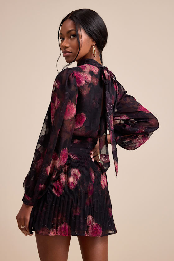 Black Floral Dress - Balloon Sleeve Mini Dress - Mock Neck Dress