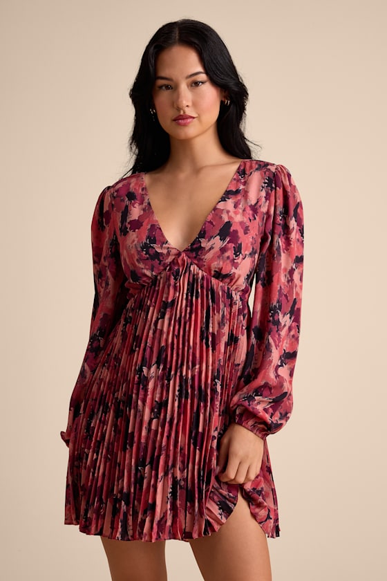 Lowri Pink Multi Abstract Long Sleeve Babydoll Mini Dress 1