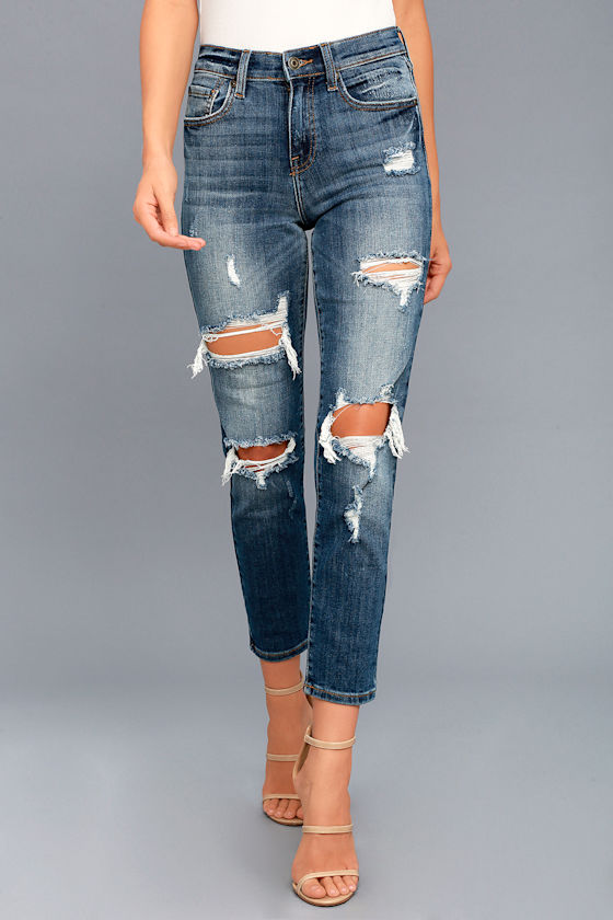 Cool Medium Wash Jeans Distressed High Waisted Jeans