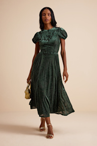 Arlie Emerald Velvet Burnout Puff Sleeve Midi Dress 1