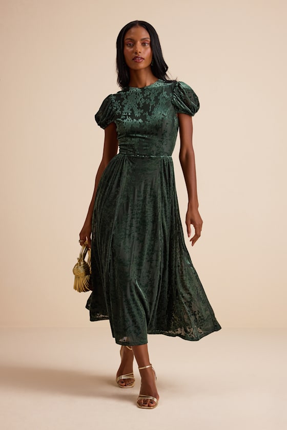 Arlie Emerald Velvet Burnout Puff Sleeve Midi Dress 1