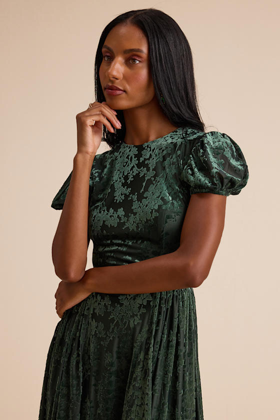 Image of Arlie Emerald Velvet Burnout Puff Sleeve Midi Dress
