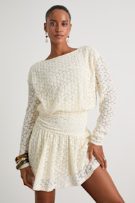 Zallie Ivory Textured Knit Ruched Long Sleeve Mini Dress 1