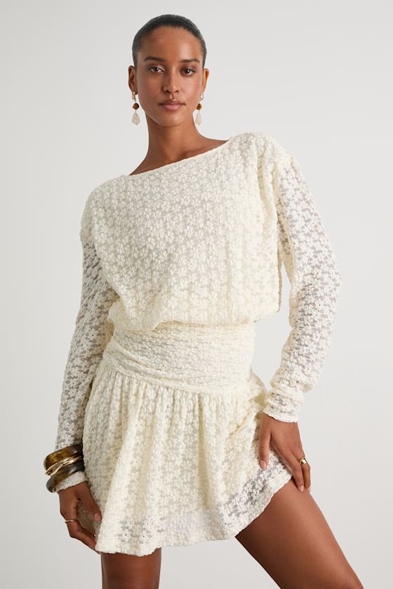 Zallie Ivory Textured Knit Ruched Long Sleeve Mini Dress 1