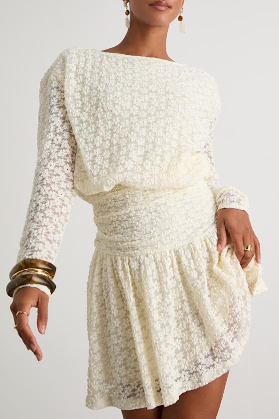 Zallie Ivory Textured Knit Ruched Long Sleeve Mini Dress