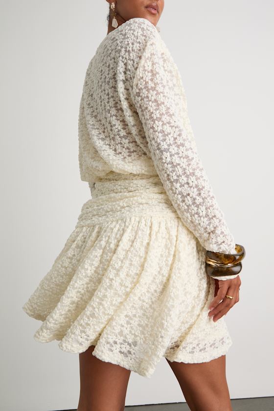 Zallie Ivory Textured Knit Ruched Long Sleeve Mini Dress