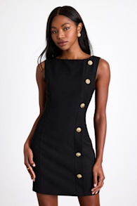 Paedyn Black Boat Neck Side-Button Mini Dress 1