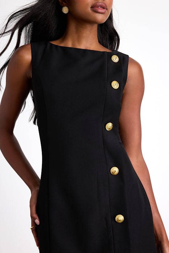Paedyn Black Boat Neck Side-Button Mini Dress 2
