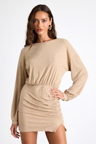 Tionne Heather Beige Ribbed Long Sleeve Mini Dress 1