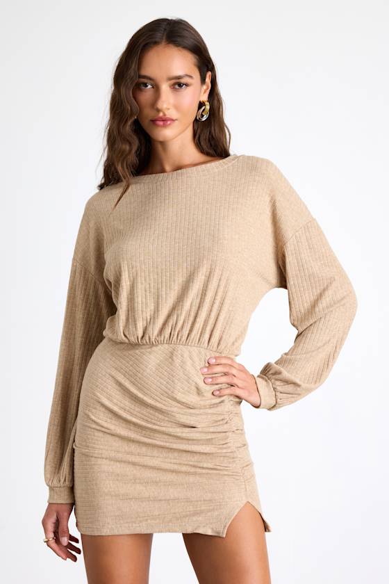 Tionne Heather Beige Ribbed Long Sleeve Mini Dress 1