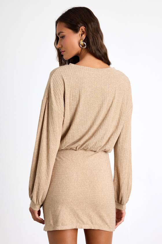 Tionne Heather Beige Ribbed Long Sleeve Mini Dress