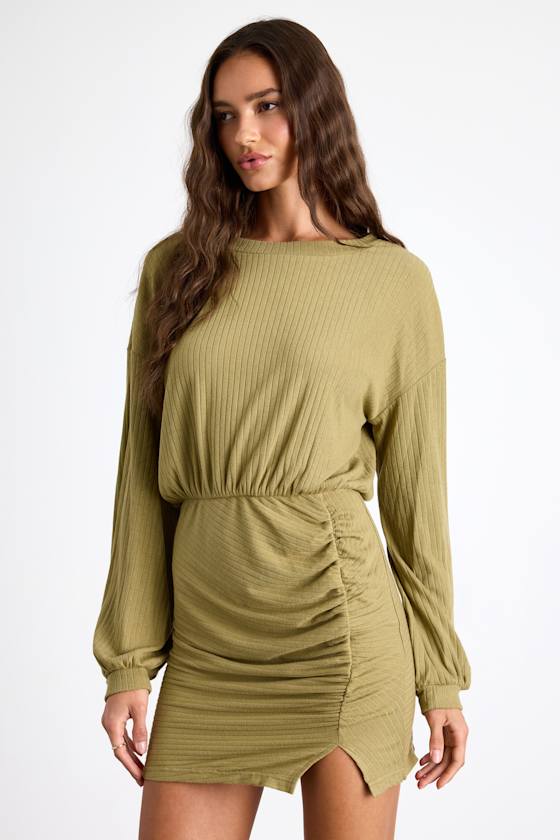 Image of Tionne Light Olive Ribbed Long Sleeve Mini Dress
