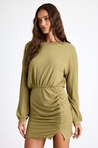 Tionne Light Olive Ribbed Long Sleeve Mini Dress 1
