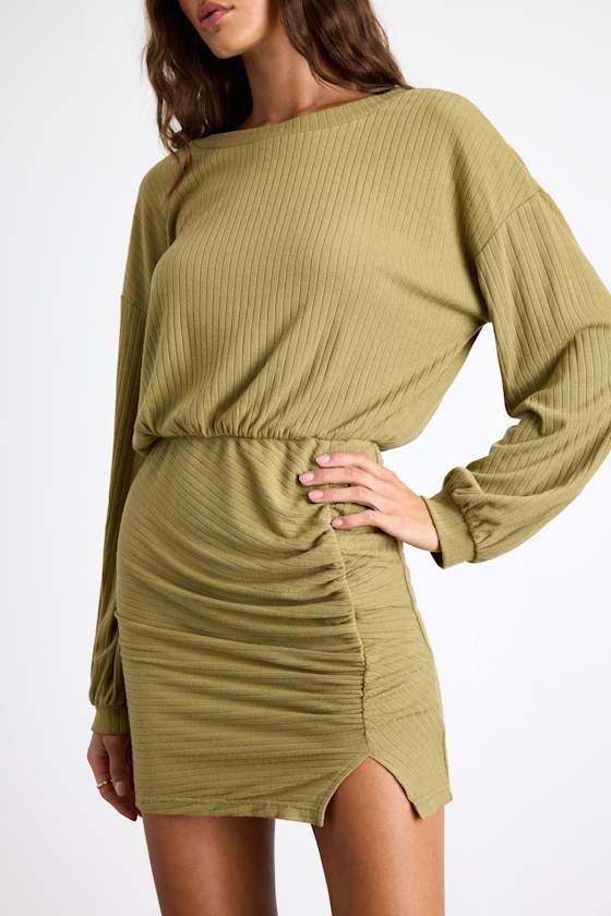 Tionne Light Olive Ribbed Long Sleeve Mini Dress