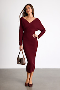 Bixby Burgundy Ribbed Surplice Bodycon Midi Dress 1