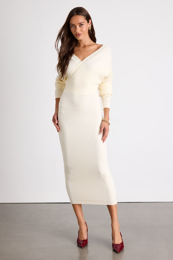 Bixby Ivory Ribbed Surplice Bodycon Sweater Midi Dress 1