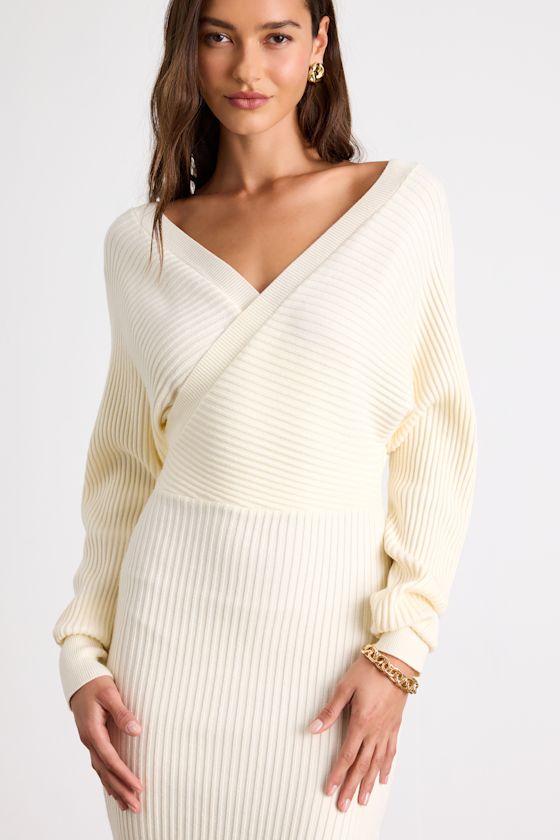 Bixby Ivory Ribbed Surplice Bodycon Sweater Midi Dress - thumbnail 2