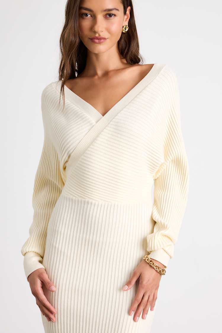 Bixby Ivory Ribbed Surplice Bodycon Sweater Midi Dress