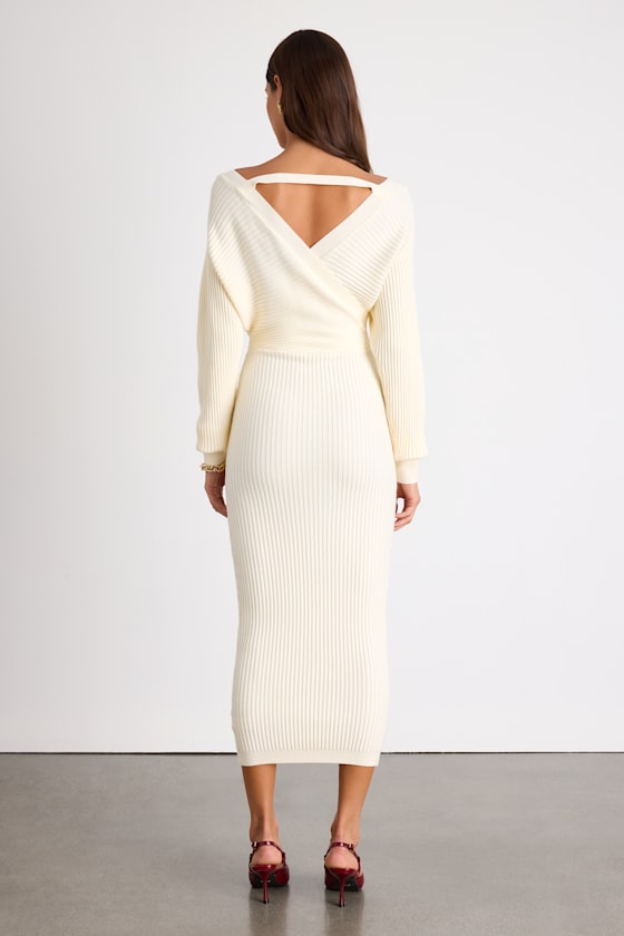 Bixby Ivory Ribbed Surplice Bodycon Sweater Midi Dress - thumbnail 3