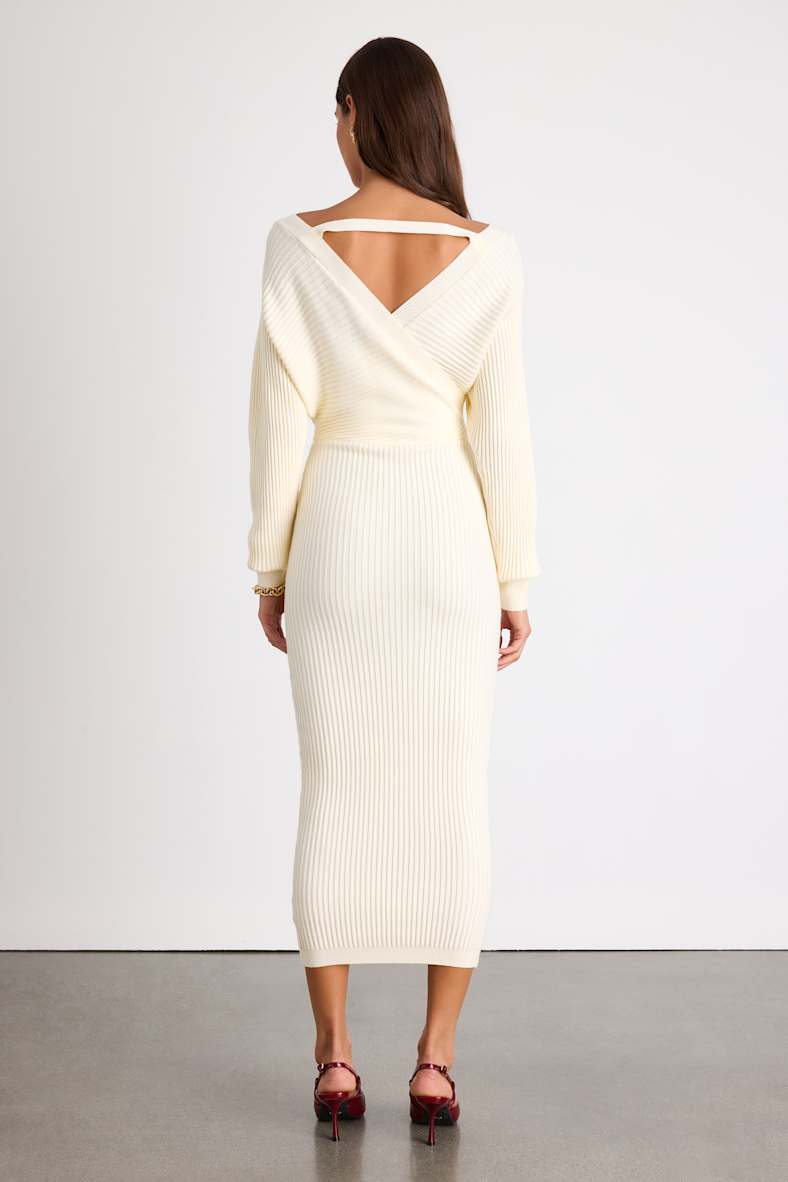 Bixby Ivory Ribbed Surplice Bodycon Sweater Midi Dress