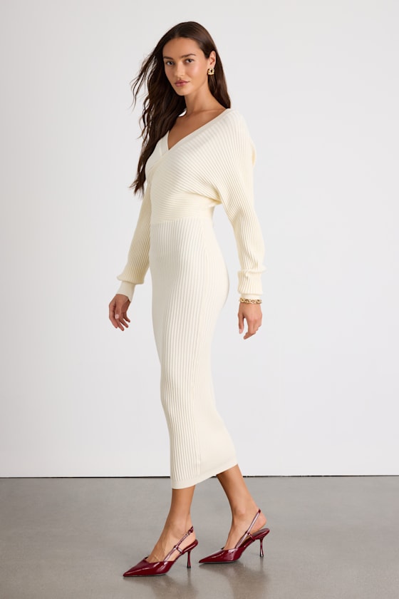 Bixby Ivory Ribbed Surplice Bodycon Sweater Midi Dress - thumbnail 4