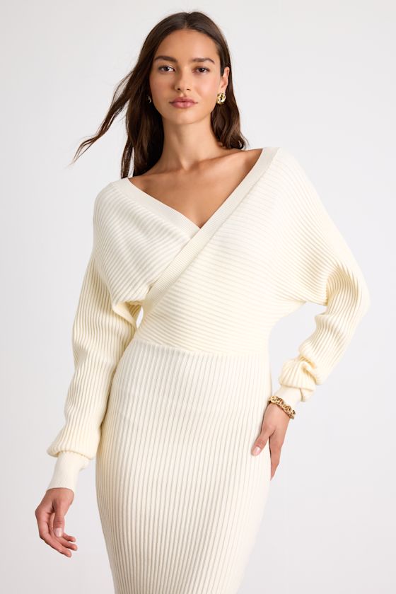 Bixby Ivory Ribbed Surplice Bodycon Sweater Midi Dress - thumbnail 5