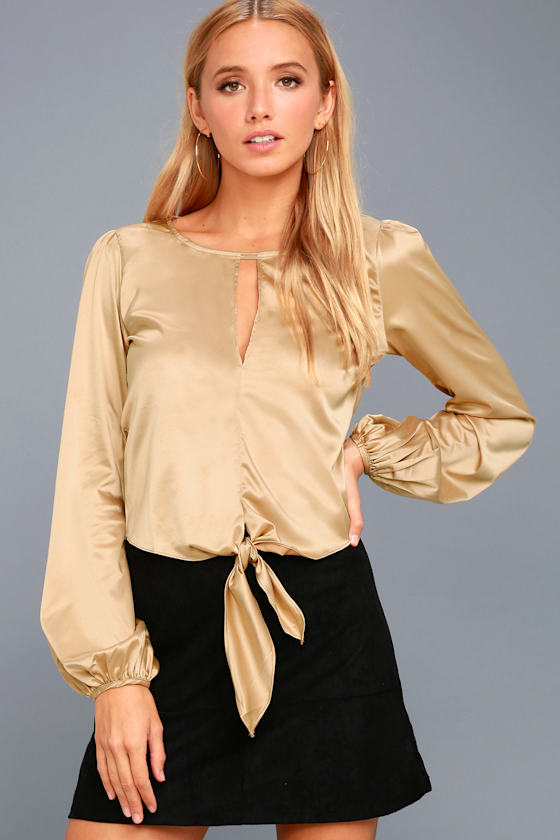 Life of the Party Beige Satin Long Sleeve Top 1