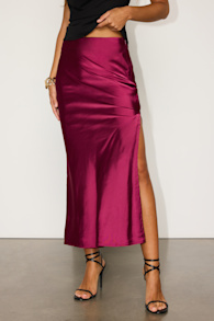 Chic Wishes Burgundy Satin Midi Skirt 2