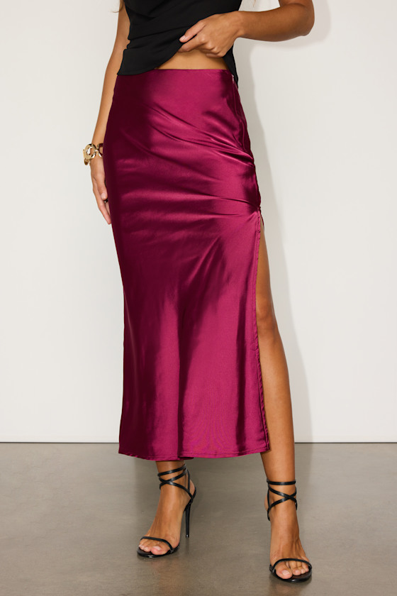 Chic Wishes Burgundy Satin Midi Skirt