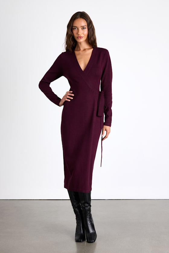 Purple Literary Lover Dark Plum Midi Wrap Sweater Dress | Womens | Medium | Nylon/Viscose | Lulus