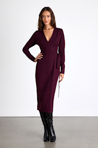 Literary Lover Dark Plum Midi Wrap Sweater Dress 1