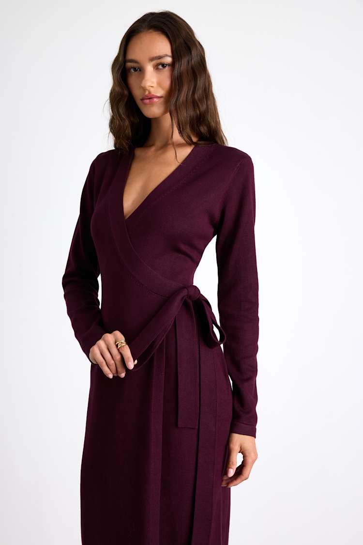 Literary Lover Dark Plum Midi Wrap Sweater Dress