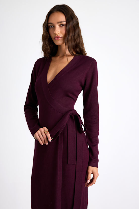 Literary Lover Dark Plum Midi Wrap Sweater Dress 2