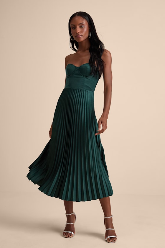 Image of Irelyn Dark Green Satin Bustier Midi Dress