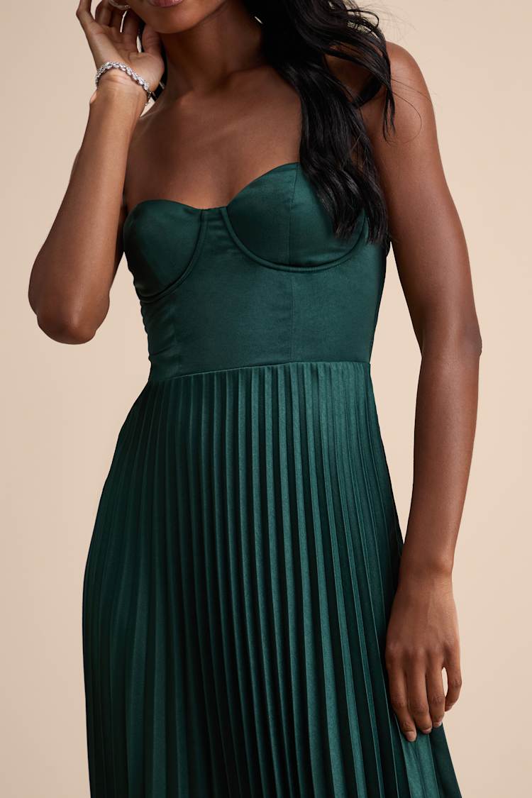 Irelyn Dark Green Satin Bustier Midi Dress