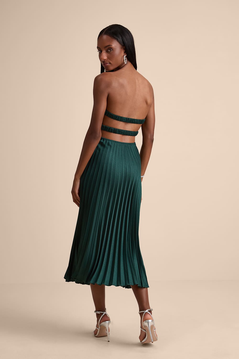 Irelyn Dark Green Satin Bustier Midi Dress