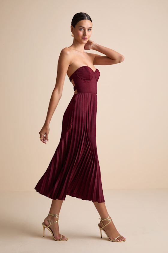 Irelyn Burgundy Satin Bustier Midi Dress 2