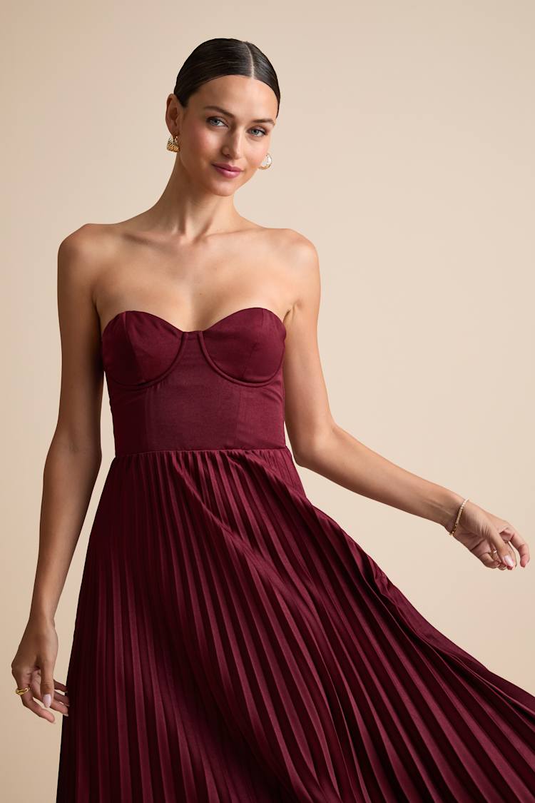 Irelyn Burgundy Satin Bustier Midi Dress