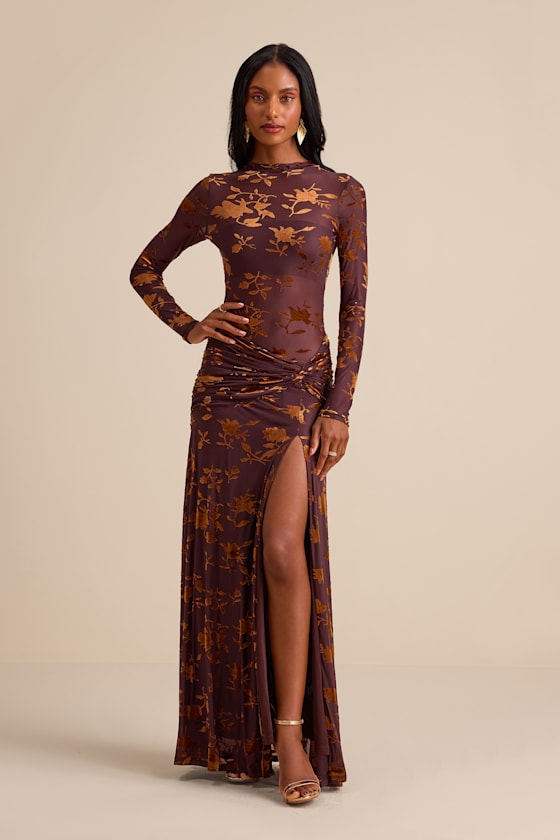 Brown Sheer Mesh Dress - Velvet Burnout Dress - Long Sleeve Maxi