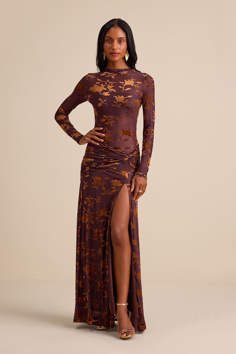 long sleeve brown mesh dress Renalia | Brown Square-Neck Maxi Dress With Mesh Long-Sleeves main image 1