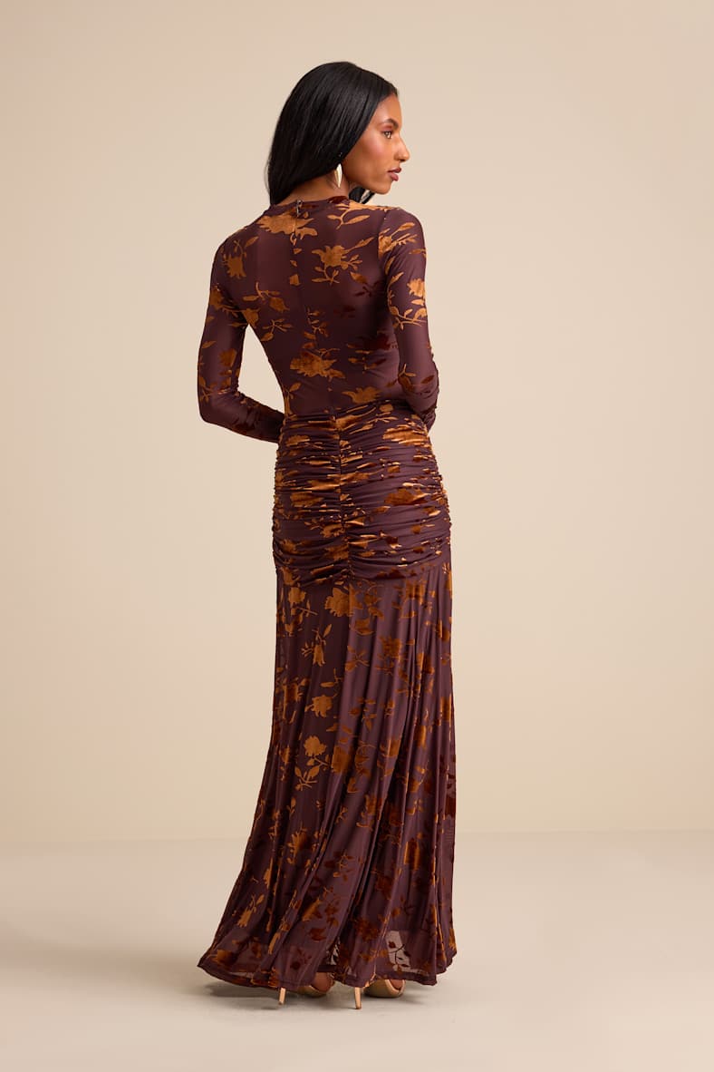 Charlize Brown Sheer Mesh Velvet Burnout Maxi Dress