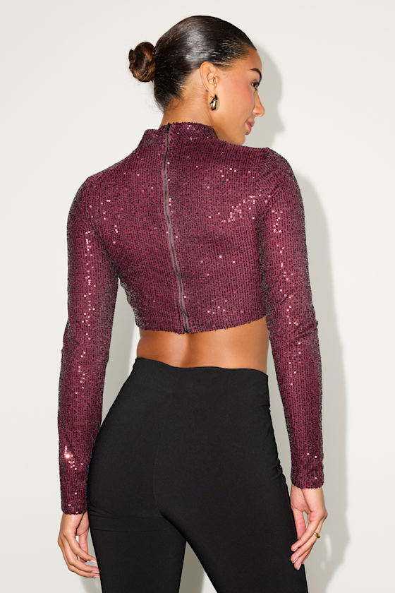 Dazzling Beauty Burgundy Sequin Long Sleeve Mock Neck Crop Top 3