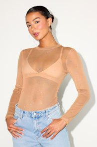 Strikes an Attitude Light Nude Mesh Embellished Mesh Bodysuit 1