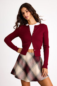Plaid You Asked Ivory and Burgundy Plaid Skater Mini Skirt 1