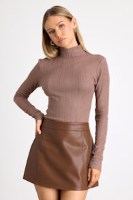 Idyllic Option Light Brown Pointelle Knit Mock Neck Sweater Top 1