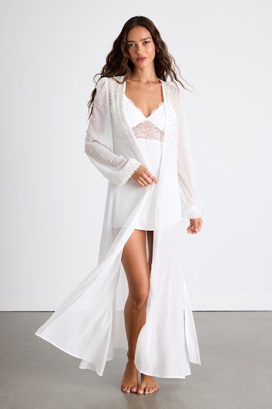 Sheer Ivory Bridal Robe - Pearl Robe - Chiffon Robe - Long Robe - Image 2