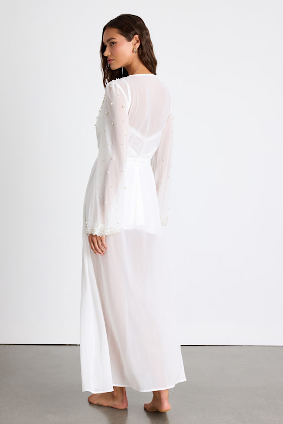 Sheer Ivory Bridal Robe - Pearl Robe - Chiffon Robe - Long Robe - Image 3