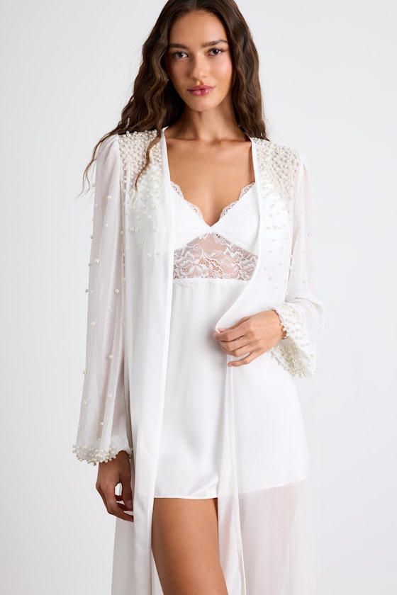 Sheer Ivory Bridal Robe - Pearl Robe - Chiffon Robe - Long Robe - Image 4