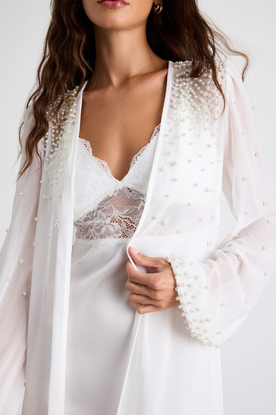 Sheer Ivory Bridal Robe - Pearl Robe - Chiffon Robe - Long Robe - Image 5